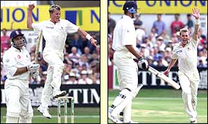 Lee dismisses Mark Ramprakash then has Andrew Caddick of England caught behind for his 50th Test Wicket