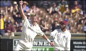 Lee celebrates the wicket of a West Indian at Perth in 2000