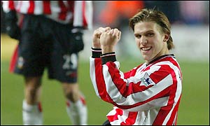 Saints' Anders Svensson celebrate scoring his side's third