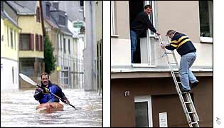 Man kayaks to safety in Koblenz (left) as a man enters his flooded home in Bonn