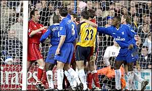 Matters reach boiling point in the goalmouth as players confront each other over Boro's disallowed goal and the clash between Cudicini and Windass