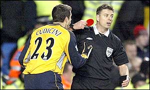 Referee Mark Halsey shows Cudicini the red card to the Italian's disbelief