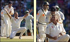 England's Andy Caddick successfully appeals for the wicket of Australia's Justin Langer