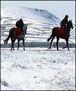 Horse riding across snowy fields