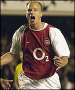 Dennis Bergkamp celebrates another Arsenal strike