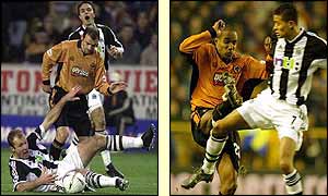 Alan Shearer is felled by Colin Cameron as Ince and Jermaine Jenas clash