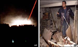 A building being hit by a missile (l) and the remains of the workshop (r)