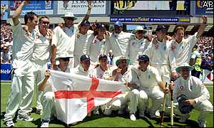 The England team celebrate after clinching a 225-run win over Australia in the final Test to avoid a series whitewash