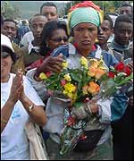 Hirut Gedlu is greeted with flowers in Addis Ababa 