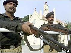 Pakistani police guard a Catholic church in Rawalpindi