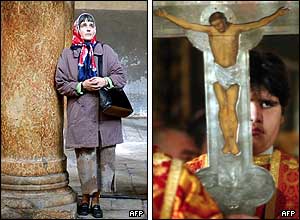 A woman pilgrim inside the Church of the Nativity; an altar boy carrying an icon of Christ