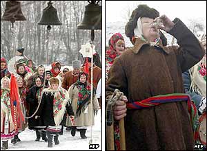 Left picture: Orthodox faithful near the church in Pirogovo, near capital Kiev. Right picture: A woman drinks homemade vodka .