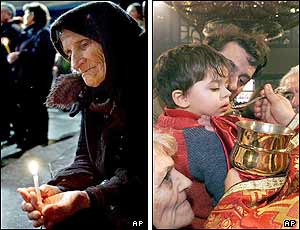 Left picture: An elderly woman prays in St. Clement church in the Macedonian capital, Skopje, and (right picture) a boy takes a communion from a priest after the liturgy 