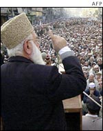 Alliance leader Qazi Hussain Ahmed addresses a rally in Peshawar