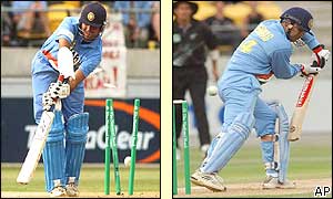 India's Dinesh Mongia is bowled and Virender Sehwag edges to slip after scoring 45