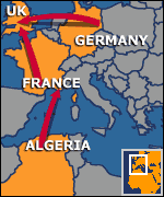 Map showing movement of Algerian terrorists through Europe