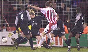 Michael Tonge scores his second goal aginst Liverpool