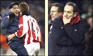 A fan jumps on Sheffield Utd's Wayne Quinn in celebration as Liverpool boss Gerard Houllier looks despondent after defeat