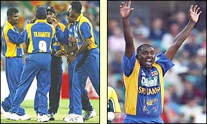 Sri Lanka celebrate a wicket and Pulasthi Gunaratne appeals