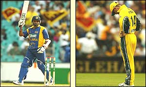 Atapattu celebrates his century and Ricky Ponting looks despondent