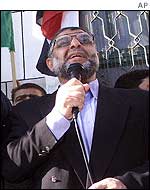 Abdel Aziz Rantissi addresses a Hamas demonstration in the Gaza Strip on Tuesday
