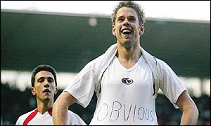 James Beattie celebrates scoring against Middlebrough