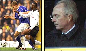 Ledley King grapples with McBride watched by England manager Sven-Goran Eriksson