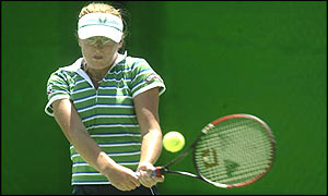 Elena Baltacha plays a backhand during her loss to Alexandra Stevenson