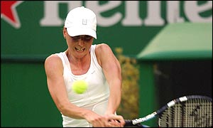 German Marlene Weingartner returns with an aggressive double-handed backhand