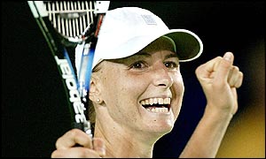 Marlene Weingartner celebrates her win over Capriati in the first round