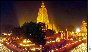 Bodh Gaya Buddhist Temple lit up to celebrate the Kalachakra festival 