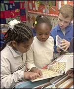Children reading in a diary