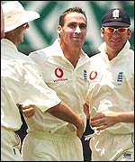 Simon Jones is congratulated after taking his only Ashes wicket
