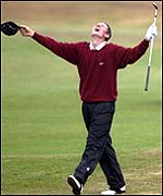 Justin Rose chips in at the 18th at Royal Birkdale in 1998