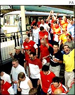 Arsenal fans arrive at Cardiff Central prior to FA Cup final with Liverpool