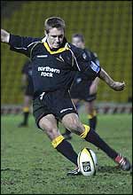 Jonny Wilkinson kicks during his comeback for Newcastle