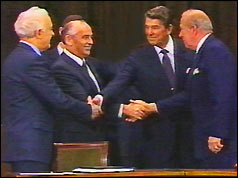 From left: Soviet foreign minister Shevardnaze, Mikhail Gorbachev, Ronald Reagan, US Sec of State Sculz