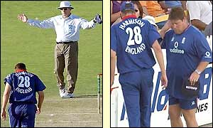 The umpire signals a wide from Steve Harmison who then leaves the field injured