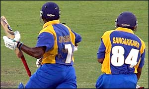 Santah Jayasuriya and Kumar Sangakkara collide which sees the captain run out