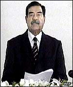 Saddam Hussein delivering a speech to mark the 12th anniversary of the Gulf War