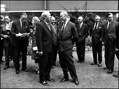 Edward Heath in conversation with his Employment Minister Robert Carr (r)