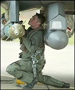 Pilot checking bombs on F-15