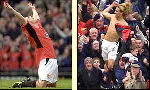 Gary Neville and Diego Forlan celebrate Man Utd's late goal