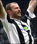 Alan Shearer celebrates his early goal for Newcastle