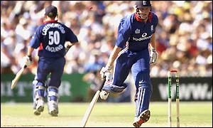 England's Matthew Hoggard is run out