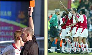 West Ham's Steve Lomas is dismissed for a foul and Thierry Henry scores the resulting penalty