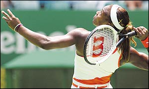 Serena Williams produced some thunderous serves as she beat Eleni Daniilidou in the fourth round 