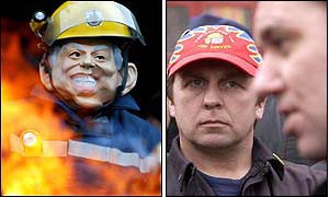 A striker in Blair mask, and FBU leader on the picket line