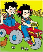 Tim and Topsy riding a tractor. Copyright: Ladybird