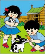 Topsy and Tim with a rabbit. Copyright: Ladybird